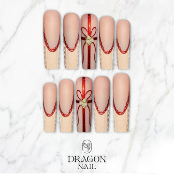 New Trending Nude Red Christmas Press-On Nails – Gift Ribbon &amp; Knit Texture Design