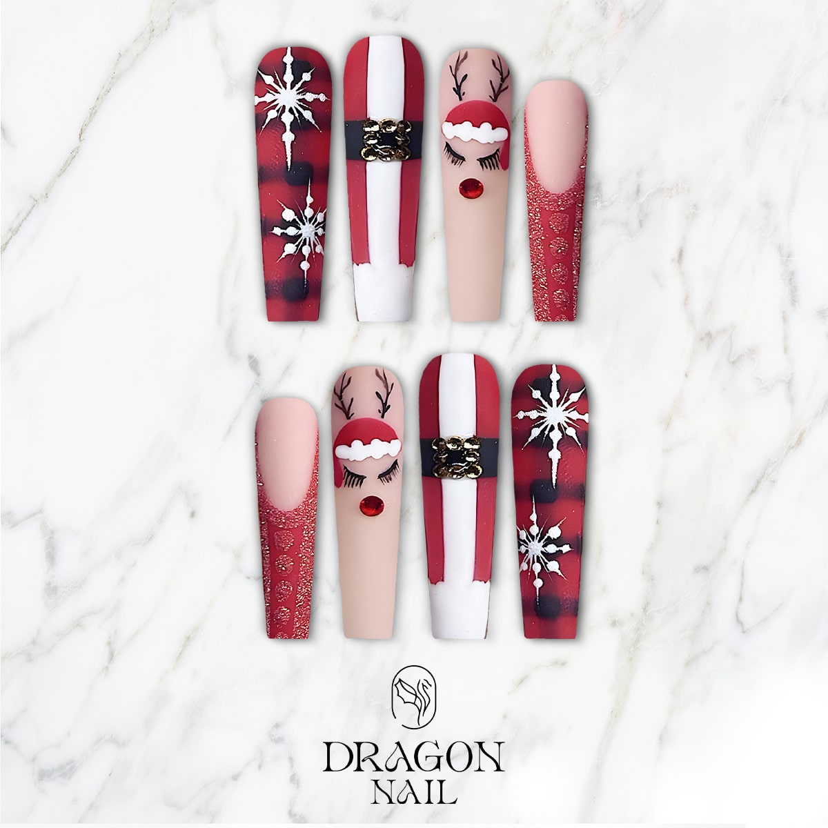 New Trending Red Christmas Press-On Nails – Santa Belt, Snowflake &amp; Plaid Holiday Design