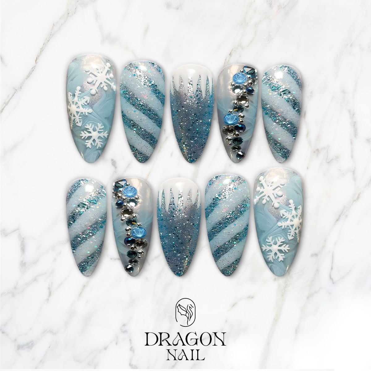 New Trending Winter Wonderland Press-On Nails – Blue Glitter Snowflake Design