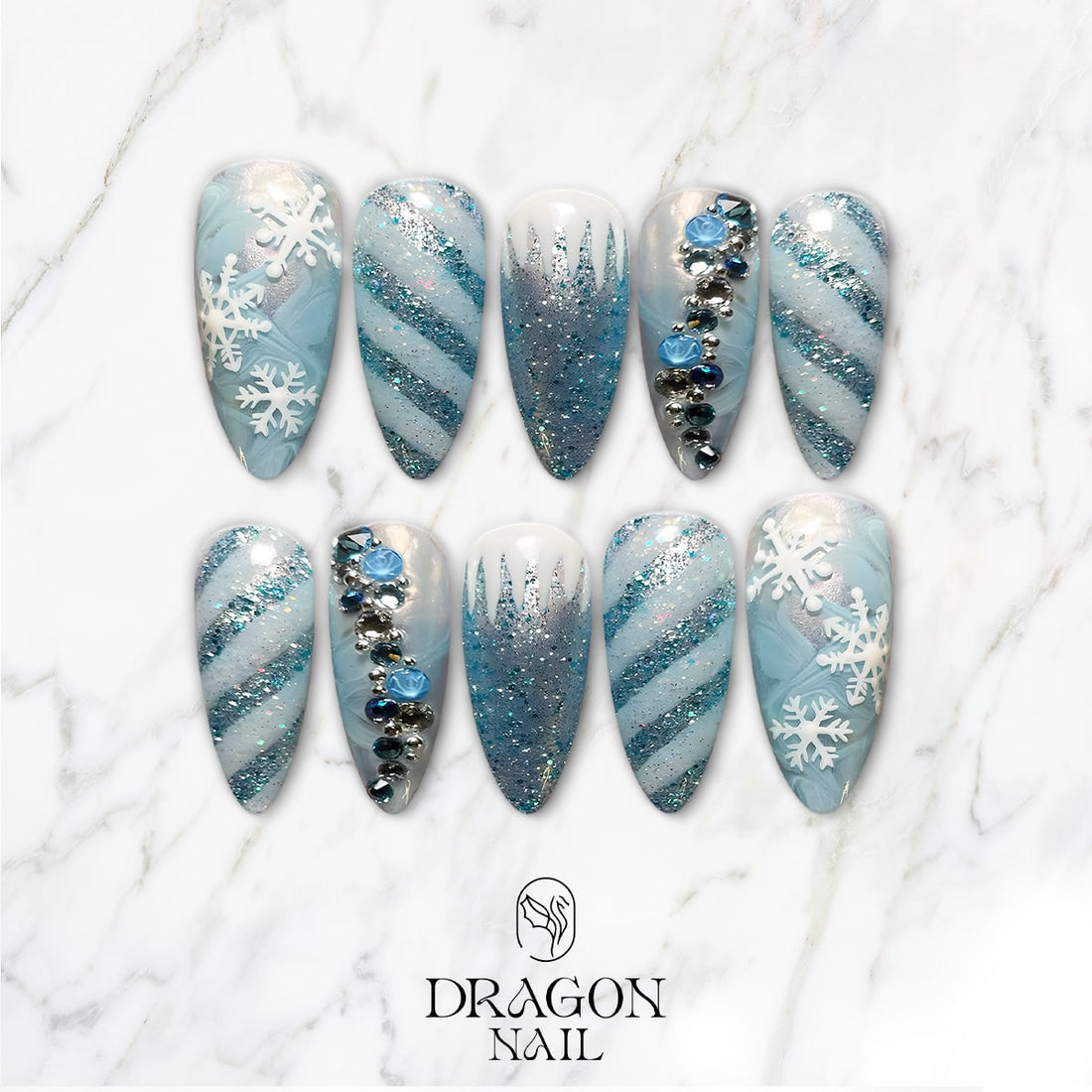 New Trending Winter Wonderland Press-On Nails – Blue Glitter Snowflake Design