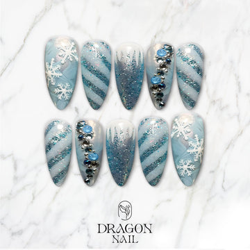 New Trending Winter Wonderland Press-On Nails – Blue Glitter Snowflake Design