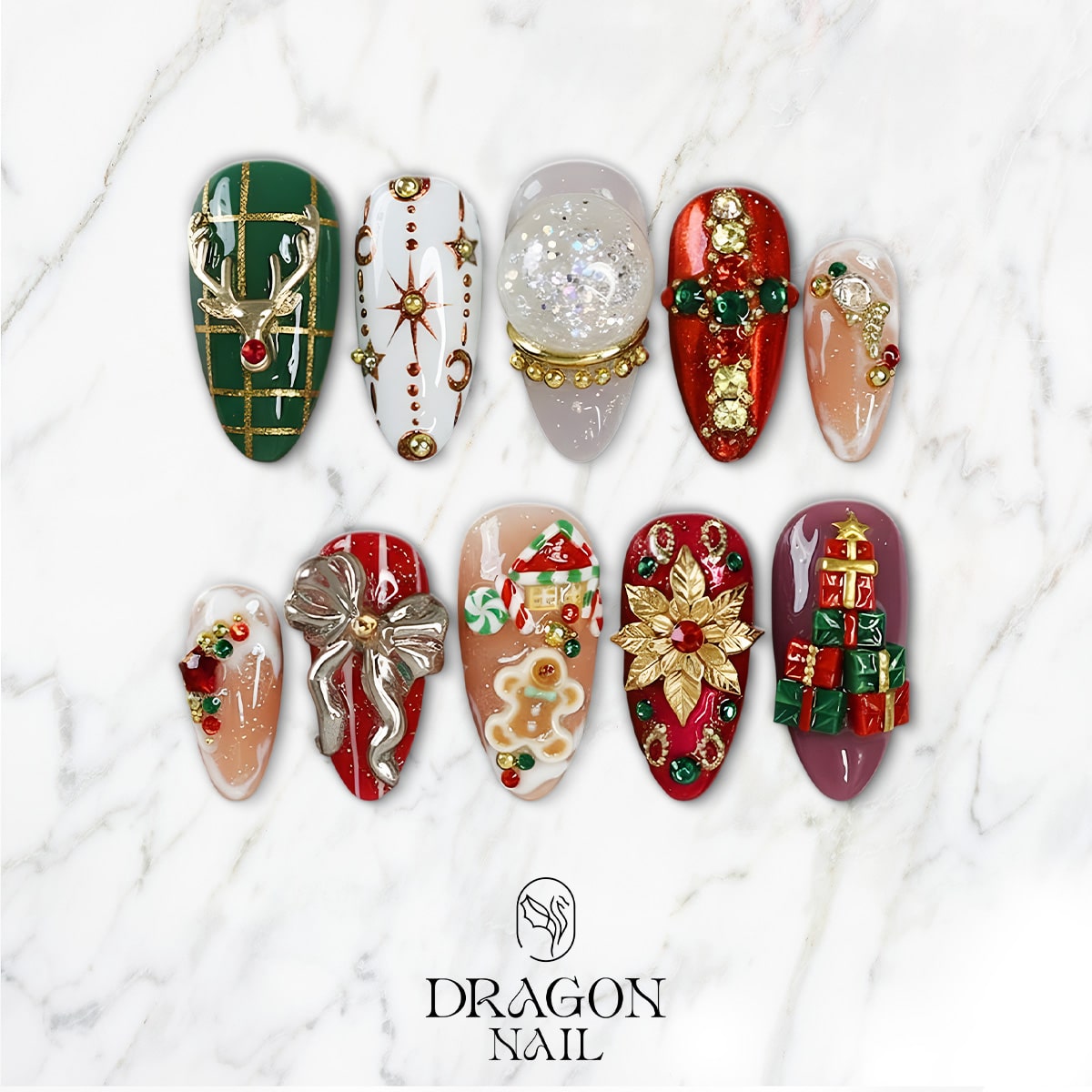 New Trending 3D Christmas Press-On Nails – Reindeer, Poinsettia &amp; Gift Box Holiday Design