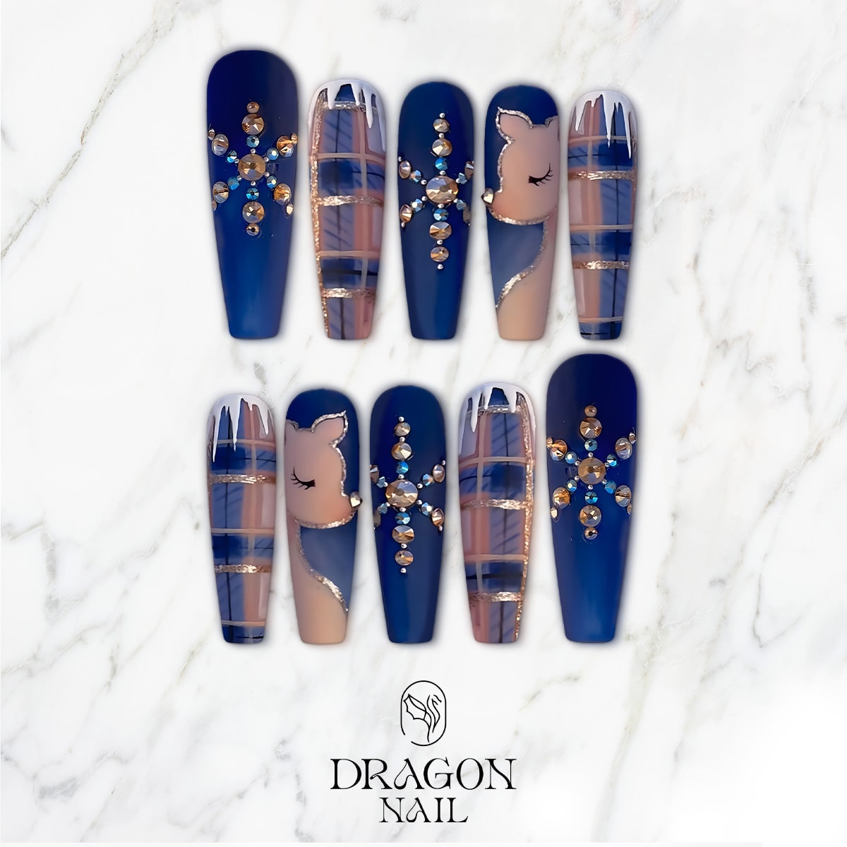 New Trending Blue Reindeer Press-On Nails – Snowflake Rhinestone &amp; Winter Plaid Design