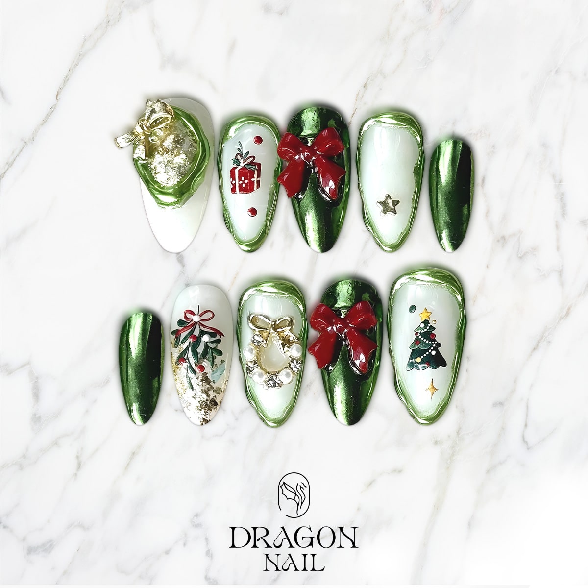 New Trending Green Christmas Press-On Nails – Bow, Gift &amp; Tree 3D Holiday Design