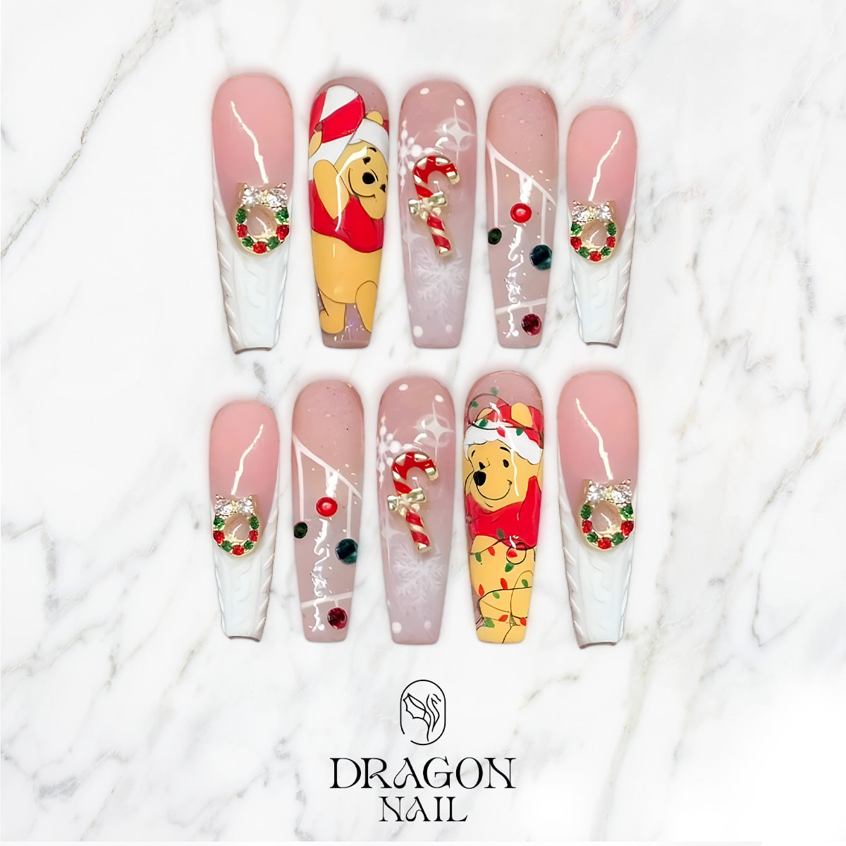 New Trending Christmas Press-On Nails – Winnie-the-Pooh, Cute Bear, Candy Cane &amp; Snowflake Holiday Design