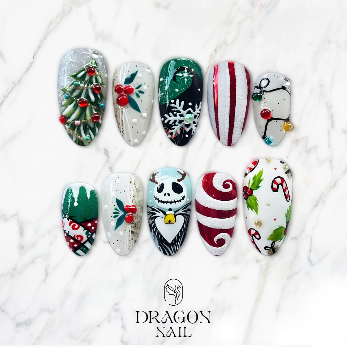 Christmas Press-On Nails with Jack Skellington, Candy Cane Swirls, Snowflakes &amp; Holiday Lights – Hand-Painted Reusable Set