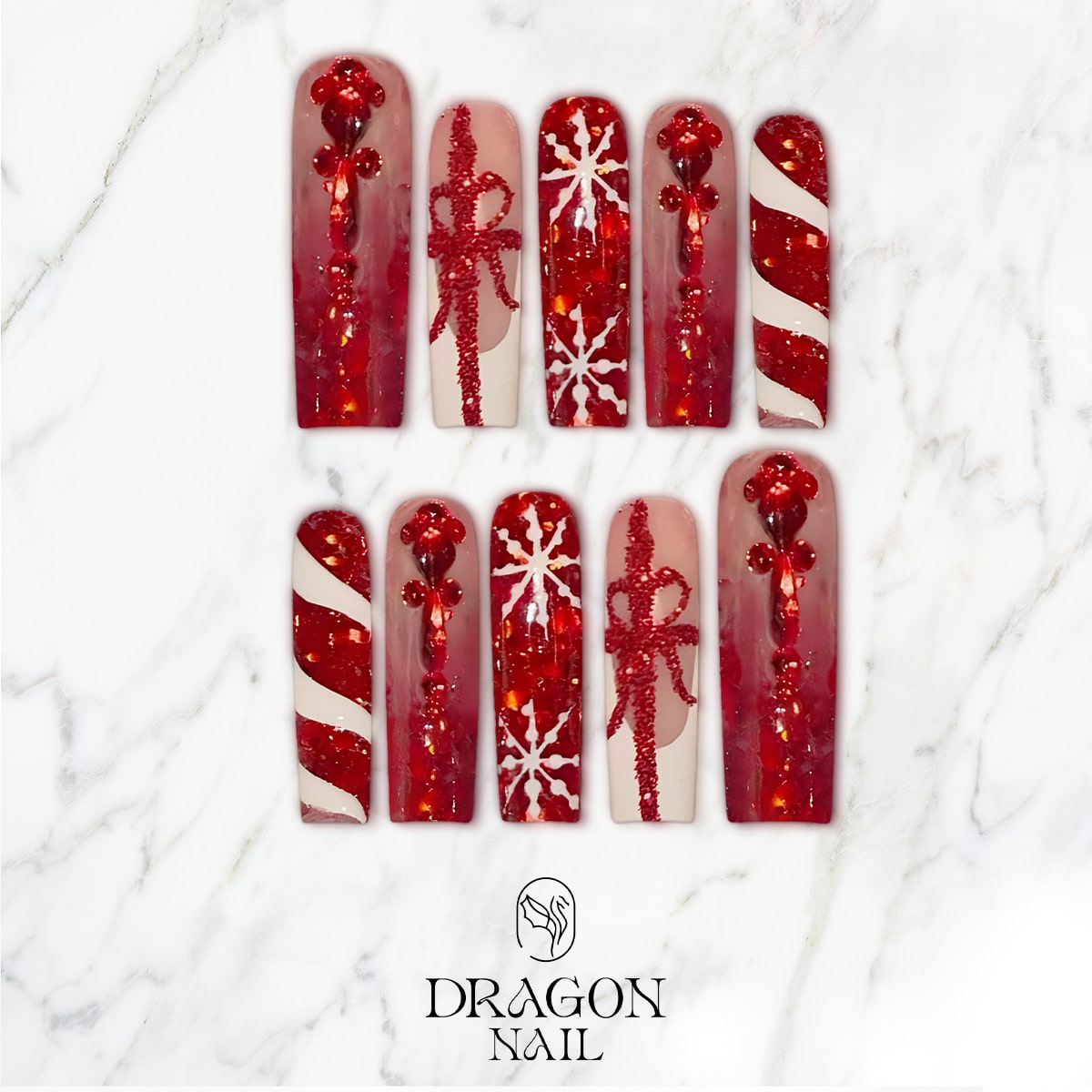 Red Glitter Christmas Gift Press-On Nails – Candy Cane Stripes, Rhinestone Bows &amp; Snowflake Accents