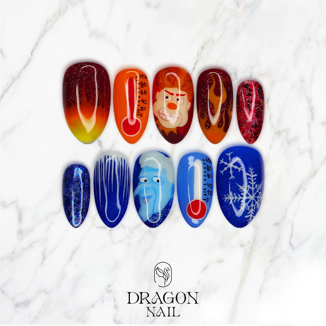 New Trending Christmas Press-On Nails – Heat Miser &amp; Snow Miser Inspired Holiday Nail Art