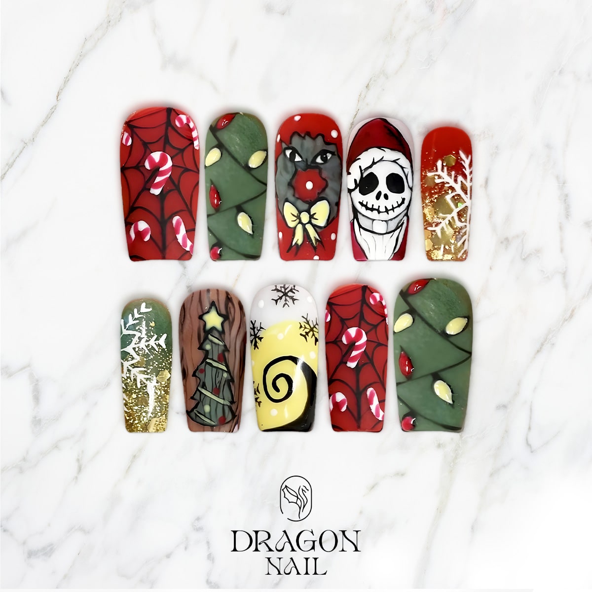 New Trending Christmas Press-On Nails – Jack Skellington, Grinch &amp; Christmas Tree Inspired Holiday Design