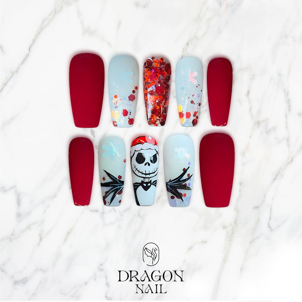 New Trending Christmas Press-On Nails – Jack Skellington Santa Inspired Red &amp; White Holiday Design