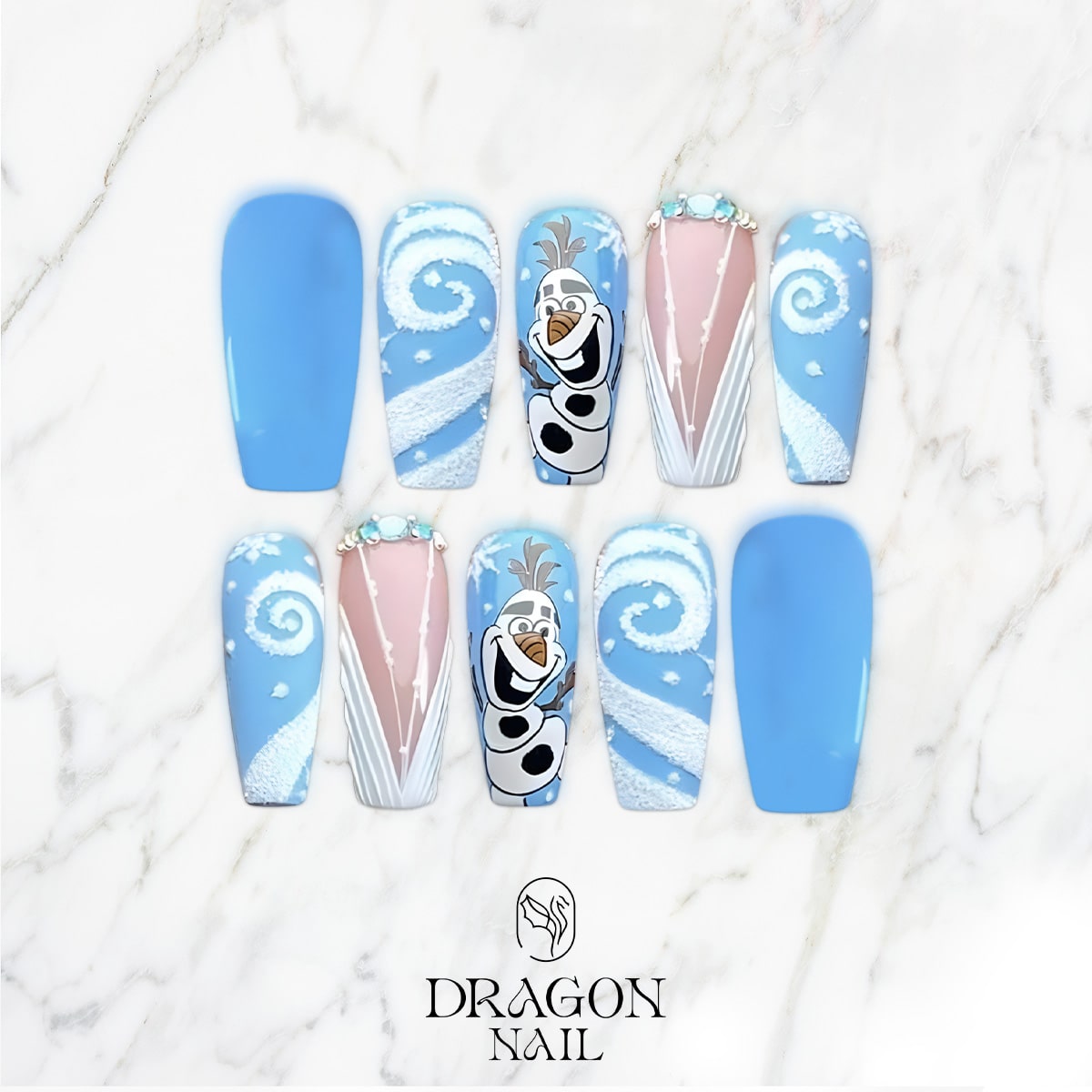 New Trending Olaf Press-On Nails – Frozen Inspired Blue &amp; White Winter Snow Swirl Design