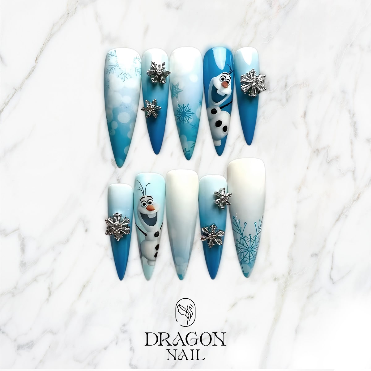 New Trending Olaf Frozen Press-On Nails – Blue &amp; White Snowflake Winter Nail Design