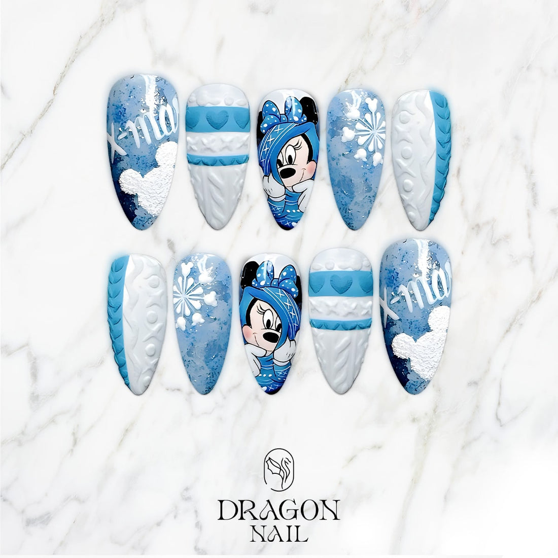 New Trending Minnie Mouse Winter Press-On Nails – Blue Sweater &amp; Snowflake Christmas Design