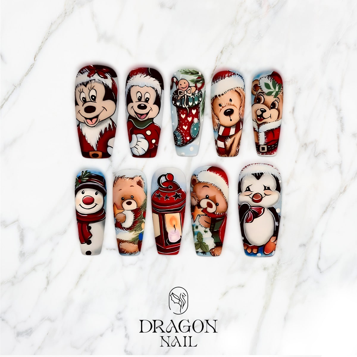 New Trending Christmas Cartoon Press-On Nails – Mickey, Teddy Bear, Penguin &amp; Snowman Holiday Nail Art
