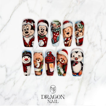 New Trending Christmas Cartoon Press-On Nails – Mickey, Teddy Bear, Penguin &amp; Snowman Holiday Nail Art