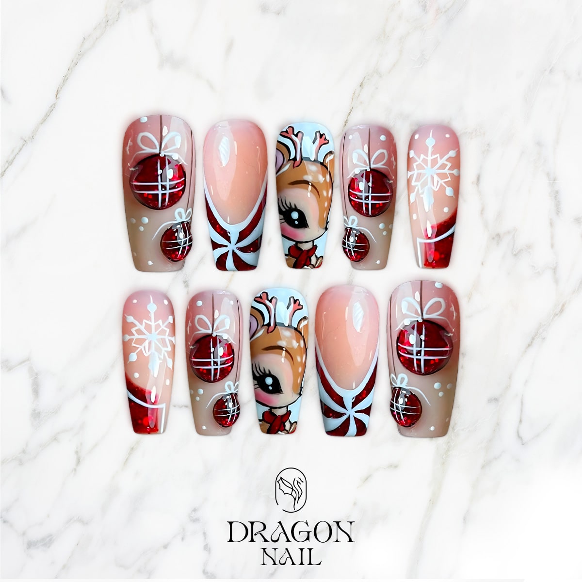 New Trending Reindeer Christmas Press-On Nails – Cute Rudolph, Red Ornaments &amp; Snowflake Holiday Nail Design