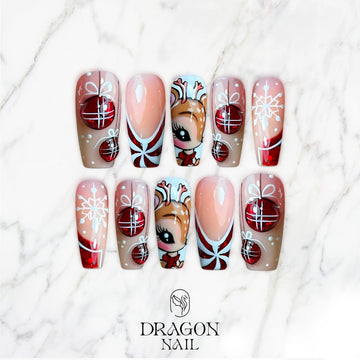 New Trending Reindeer Christmas Press-On Nails – Cute Rudolph, Red Ornaments &amp; Snowflake Holiday Nail Design