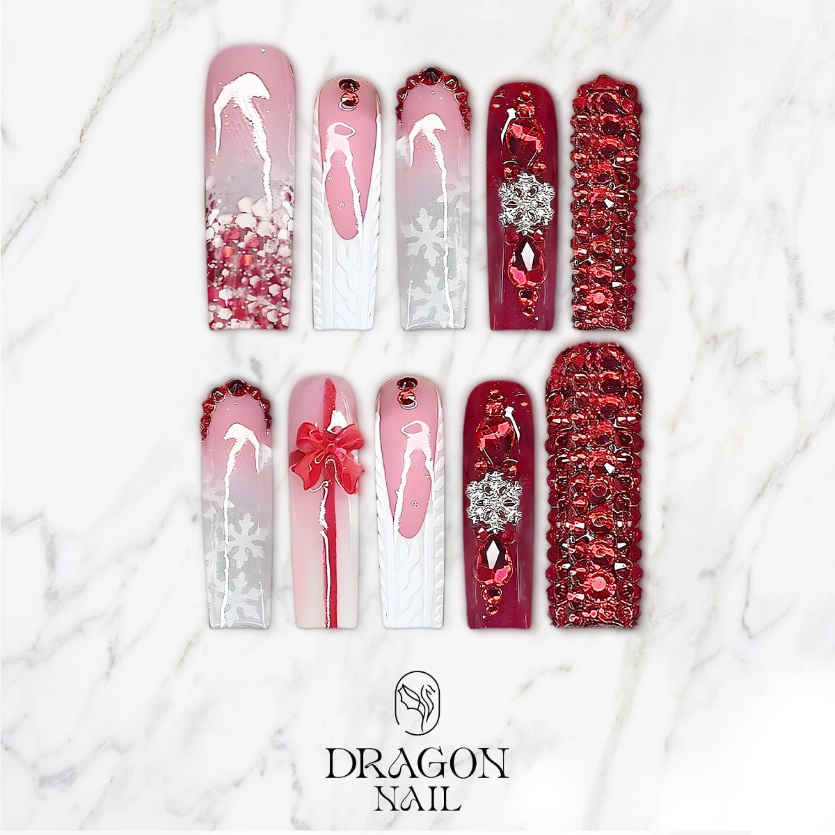 Red Rhinestone Christmas Press-On Nails – Long Coffin Shape, Snowflake &amp; Sweater Design, Festive 3D Accents