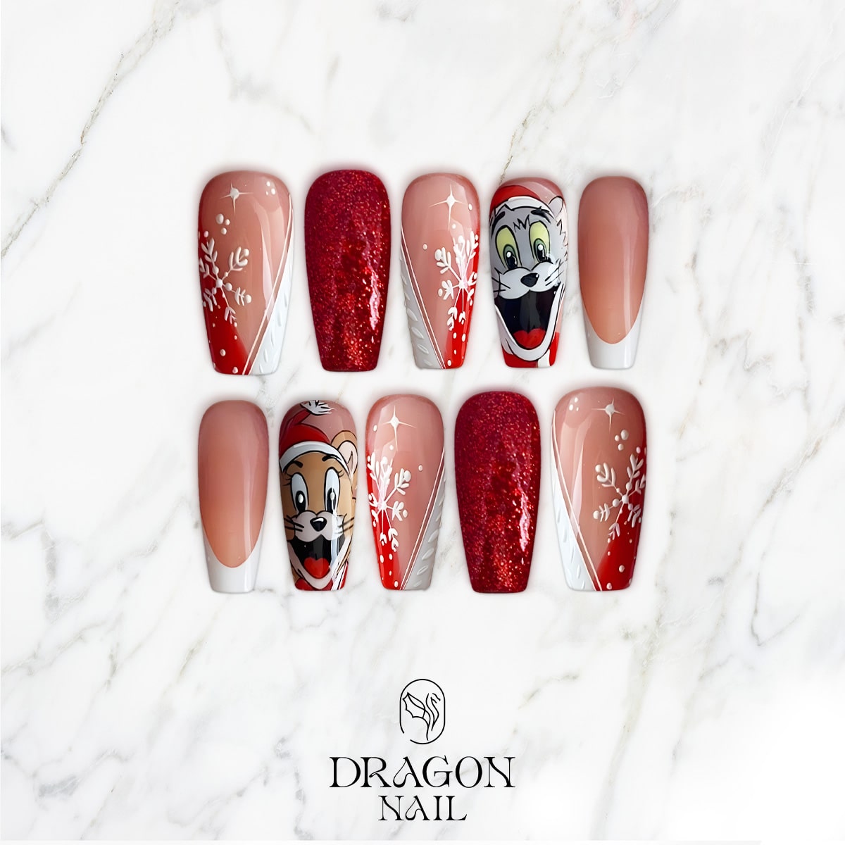 New Trending Tom and Jerry Christmas Press-On Nails – Red Glitter, Snowflake &amp; Cartoon Holiday Nail Design
