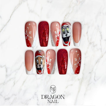 New Trending Tom and Jerry Christmas Press-On Nails – Red Glitter, Snowflake &amp; Cartoon Holiday Nail Design