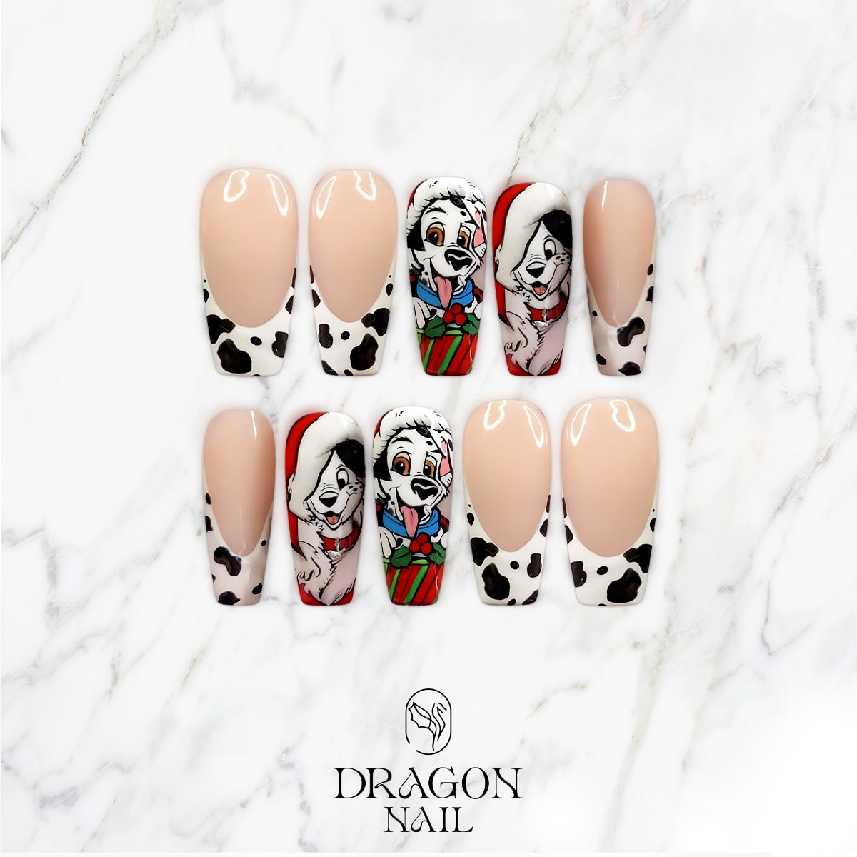 New Trending 101 Dalmatians Christmas Press-On Nails – Cute Puppy Holiday Design, Black &amp; White Spots