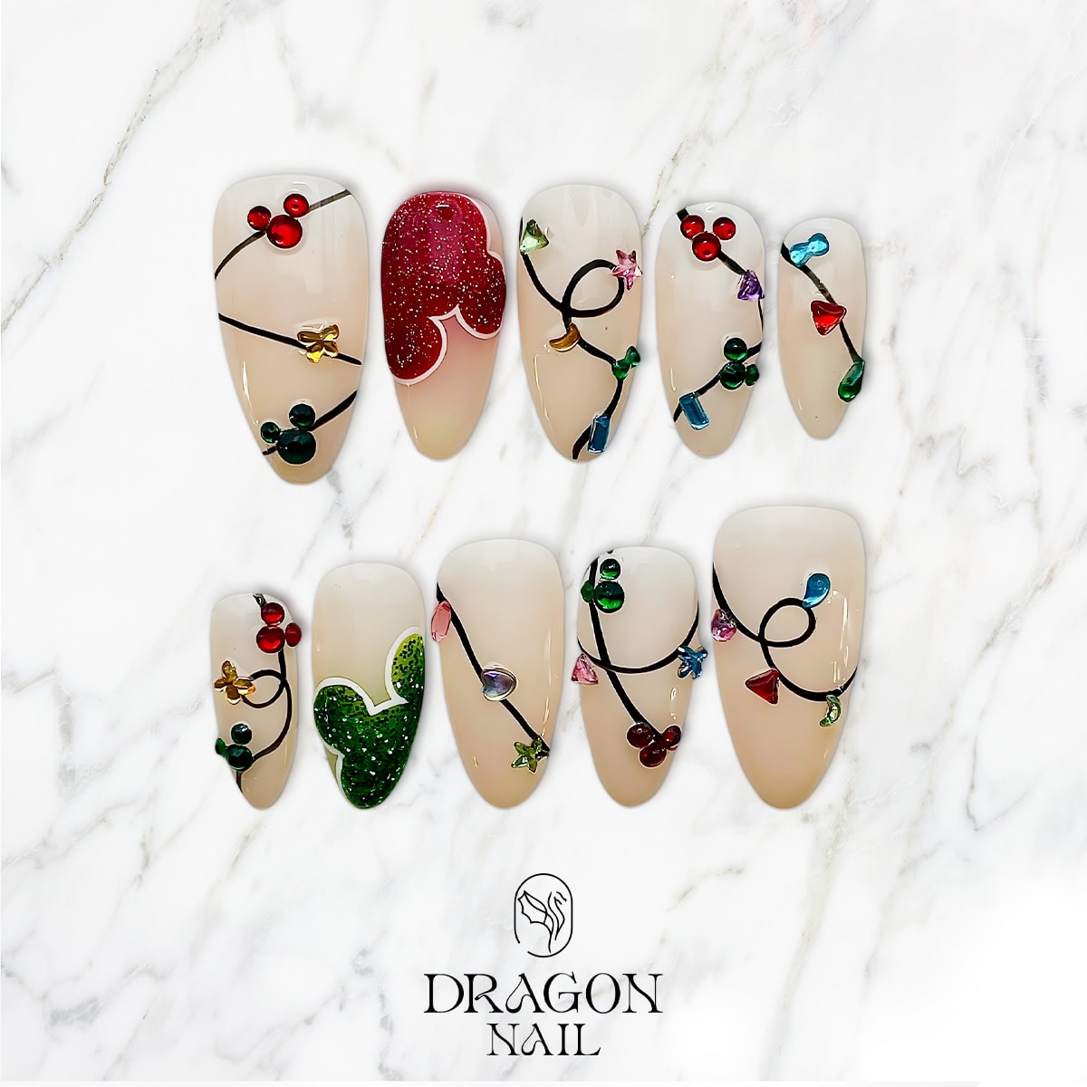 Mickey Christmas Nails, Reusable Press-On Set, Festive Disney Lights Design, Limited Edition