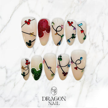 Mickey Christmas Nails, Reusable Press-On Set, Festive Disney Lights Design, Limited Edition