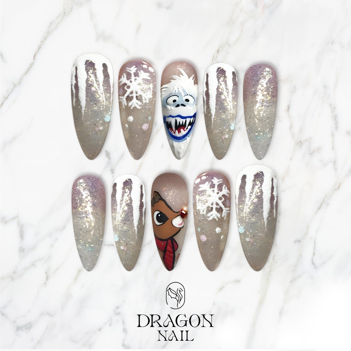 Rudolph Christmas Nails, Reusable Press-On Set, Glitter Winter Look, Limited Edition