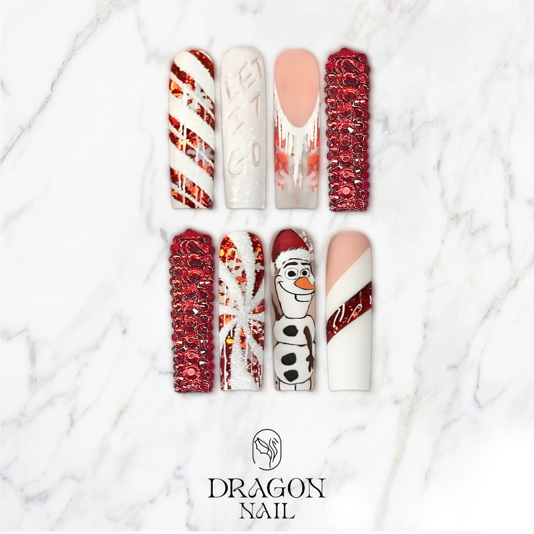 Frozen Olaf Christmas Press-On Nails – Red &amp; White Glitter Candy Cane Design, Long Coffin Shape