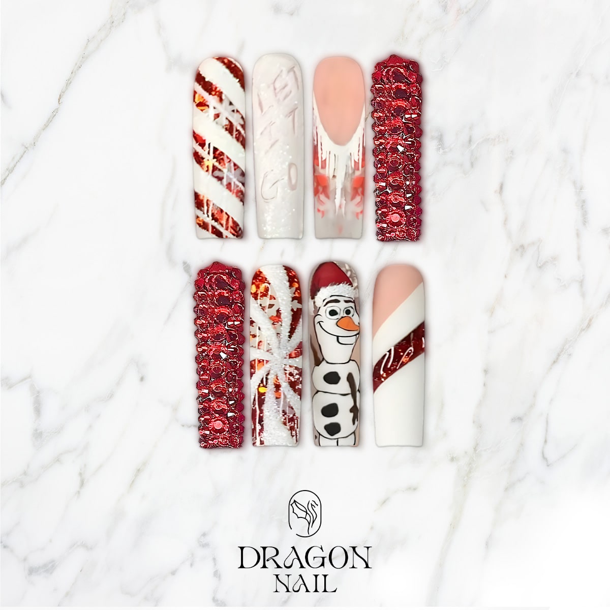 Frozen Olaf Christmas Press-On Nails – Red &amp; White Glitter Candy Cane Design, Long Coffin Shape