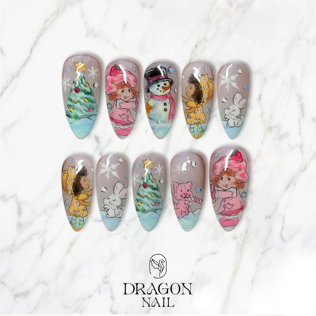 Pastel Christmas Nails, Reusable Press-On Set, Cute Winter Art Design, Limited Edition