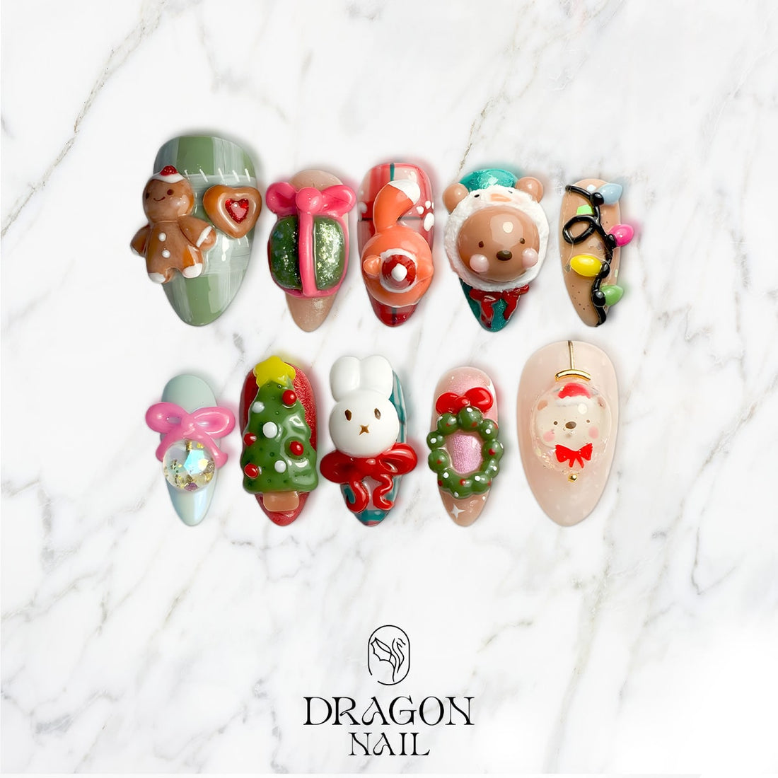 3D Christmas Nails, Reusable Press-On Set, Cute Holiday Kawaii Design, Limited Edition