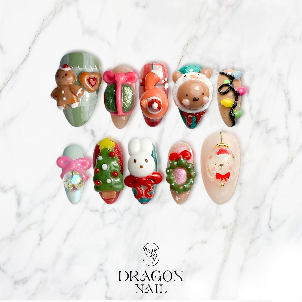 3D Christmas Nails, Reusable Press-On Set, Cute Holiday Kawaii Design, Limited Edition