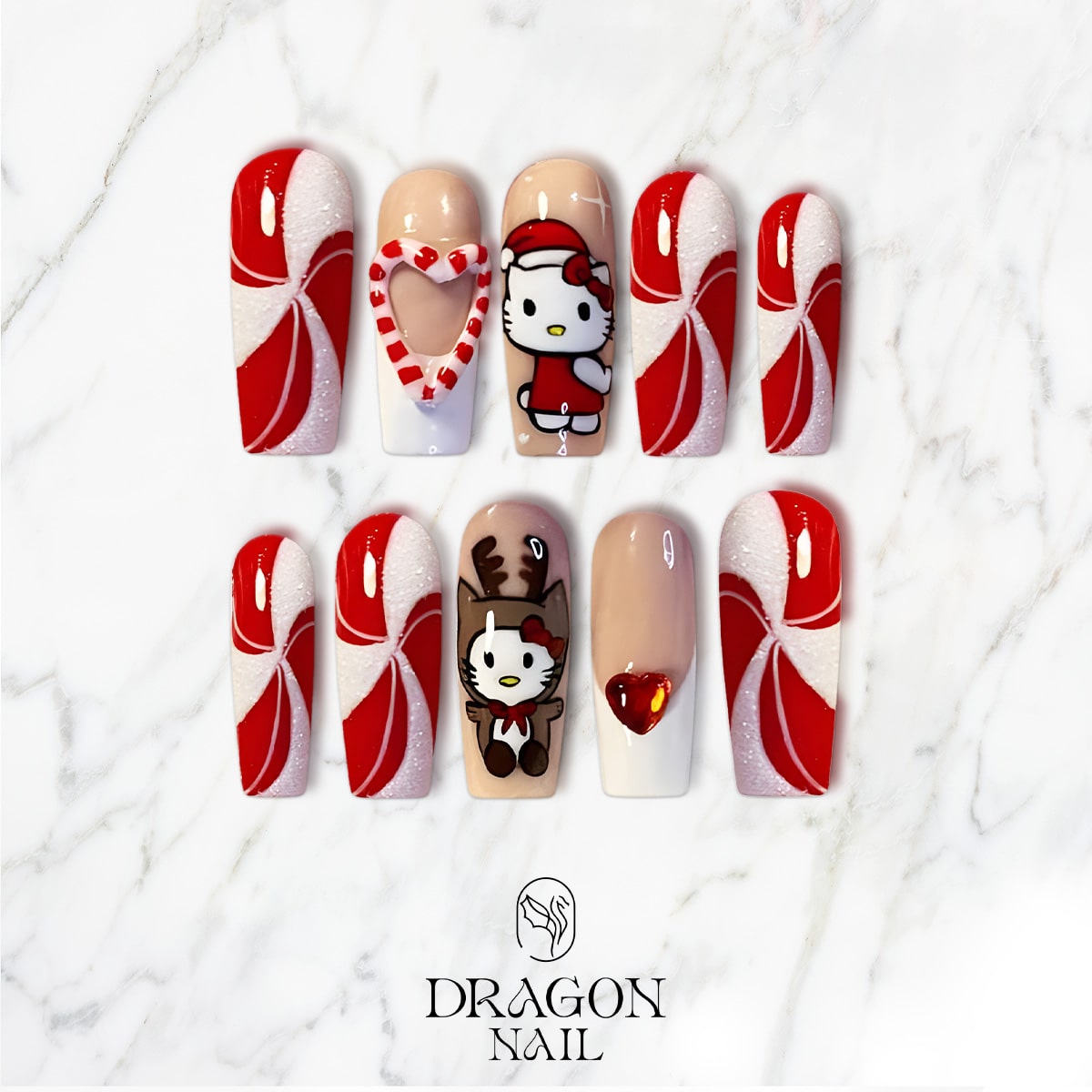 Hello Kitty Christmas Nails, Reusable Press-On Set, Candy Cane Holiday Look, Limited Edition