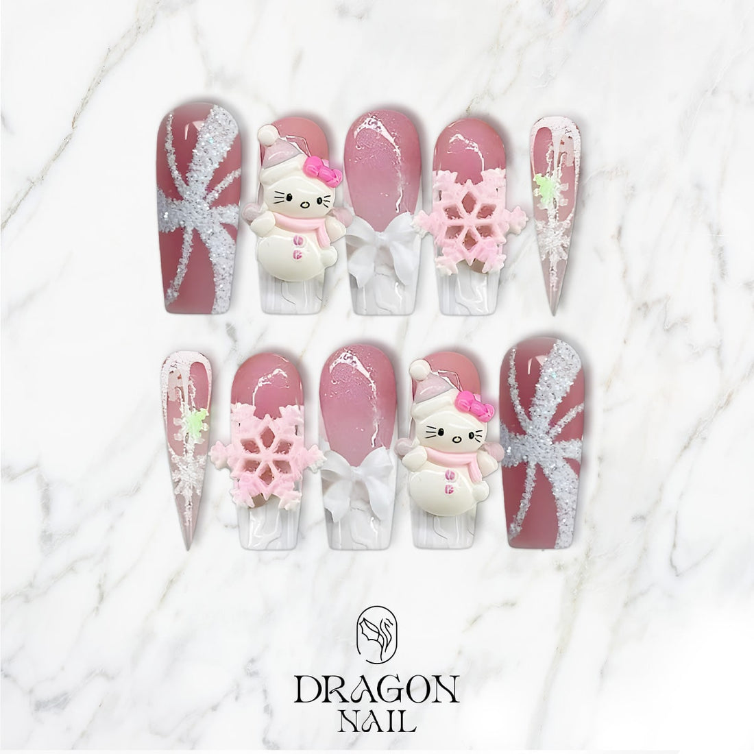 Hello Kitty 3D Christmas Nails, Reusable Press-On Set, Pink Winter Wonderland, Limited Edition
