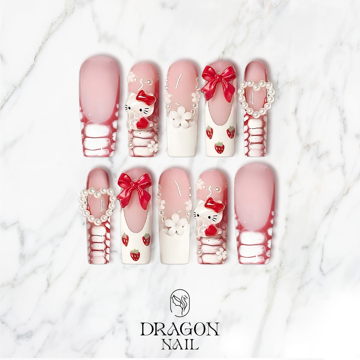 Hello Kitty 3D Strawberry Nails, Reusable Press-On Set, Sweet Kawaii Look, Limited Edition