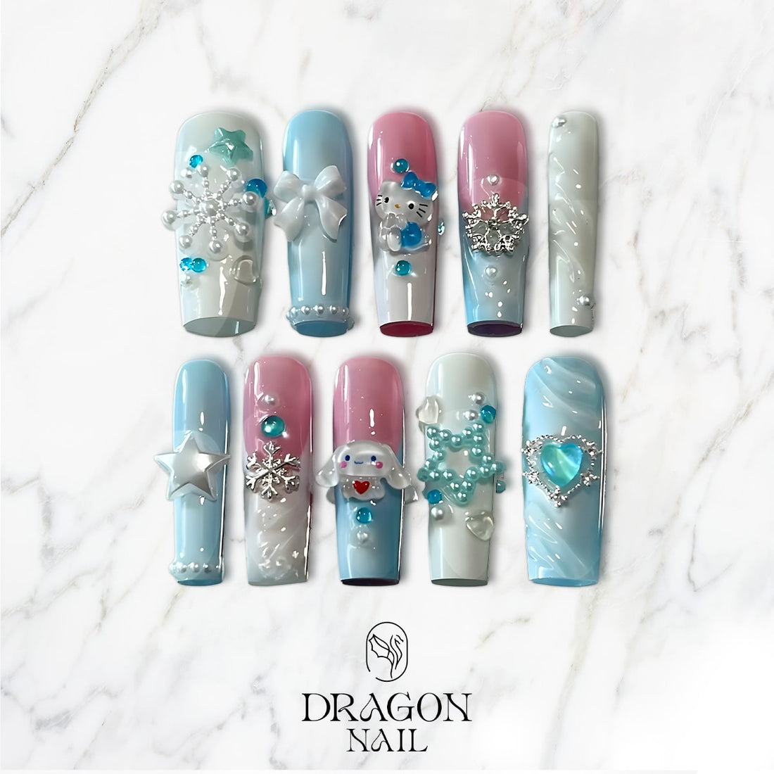 Hello Kitty &amp; Cinnamoroll 3D Frosty Nails, Reusable Press-On Set, Pastel Winter Look, Limited Edition