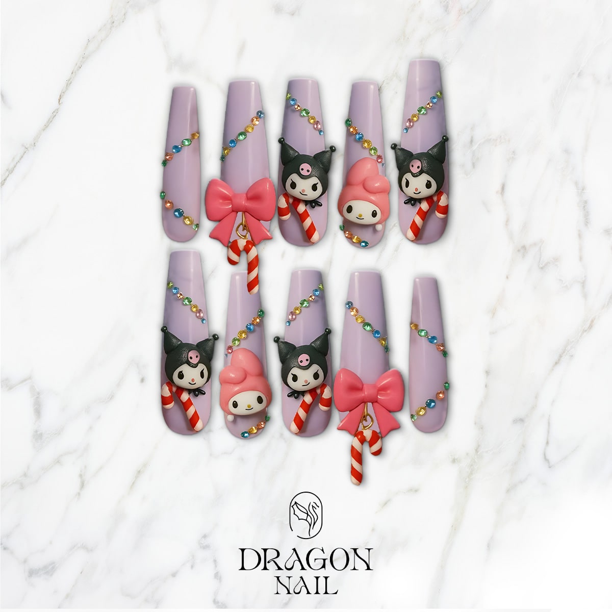Kuromi &amp; My Melody Christmas Press-On Nails – Lilac Long Coffin Shape, 3D Bows &amp; Candy Cane Charms