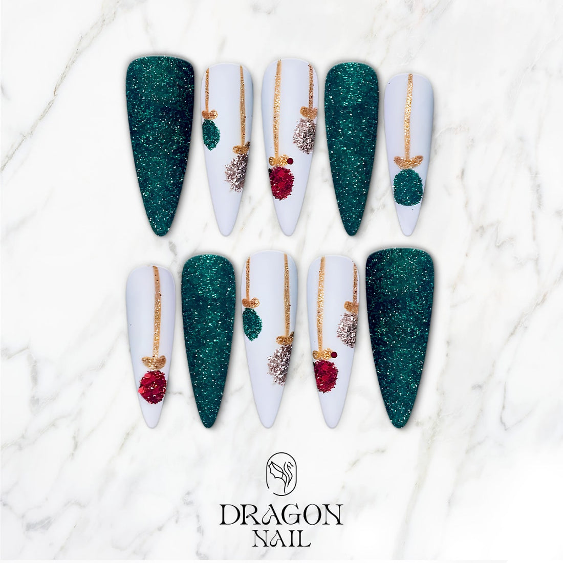 Emerald Green Christmas Ornament Press-On Nails – White &amp; Gold Glitter Holiday Design, Almond Shape