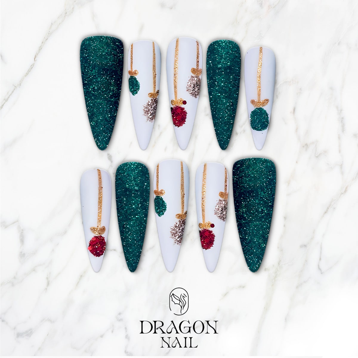 Emerald Green Christmas Ornament Press-On Nails – White &amp; Gold Glitter Holiday Design, Almond Shape