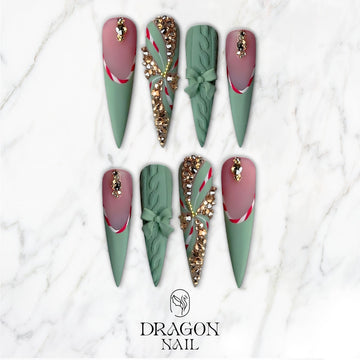 Mint Green Candy Cane Christmas Press-On Nails – Matte &amp; Rhinestone Holiday Design, Extra Long Stiletto Shape