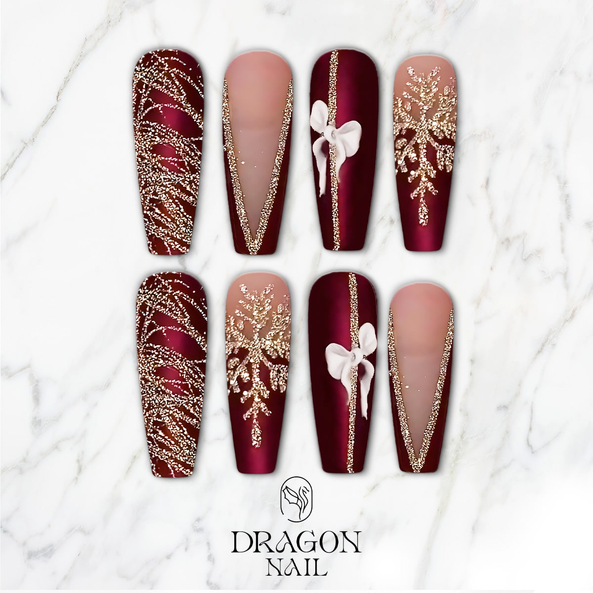 Matte Burgundy &amp; Gold Christmas Press-On Nails – 3D Bow &amp; Snowflake Design