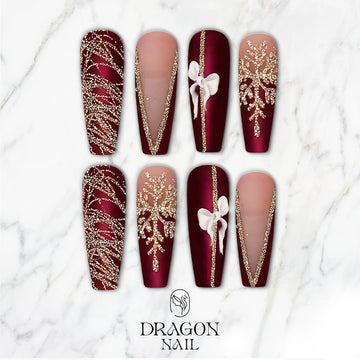 Matte Burgundy &amp; Gold Christmas Press-On Nails – 3D Bow &amp; Snowflake Design