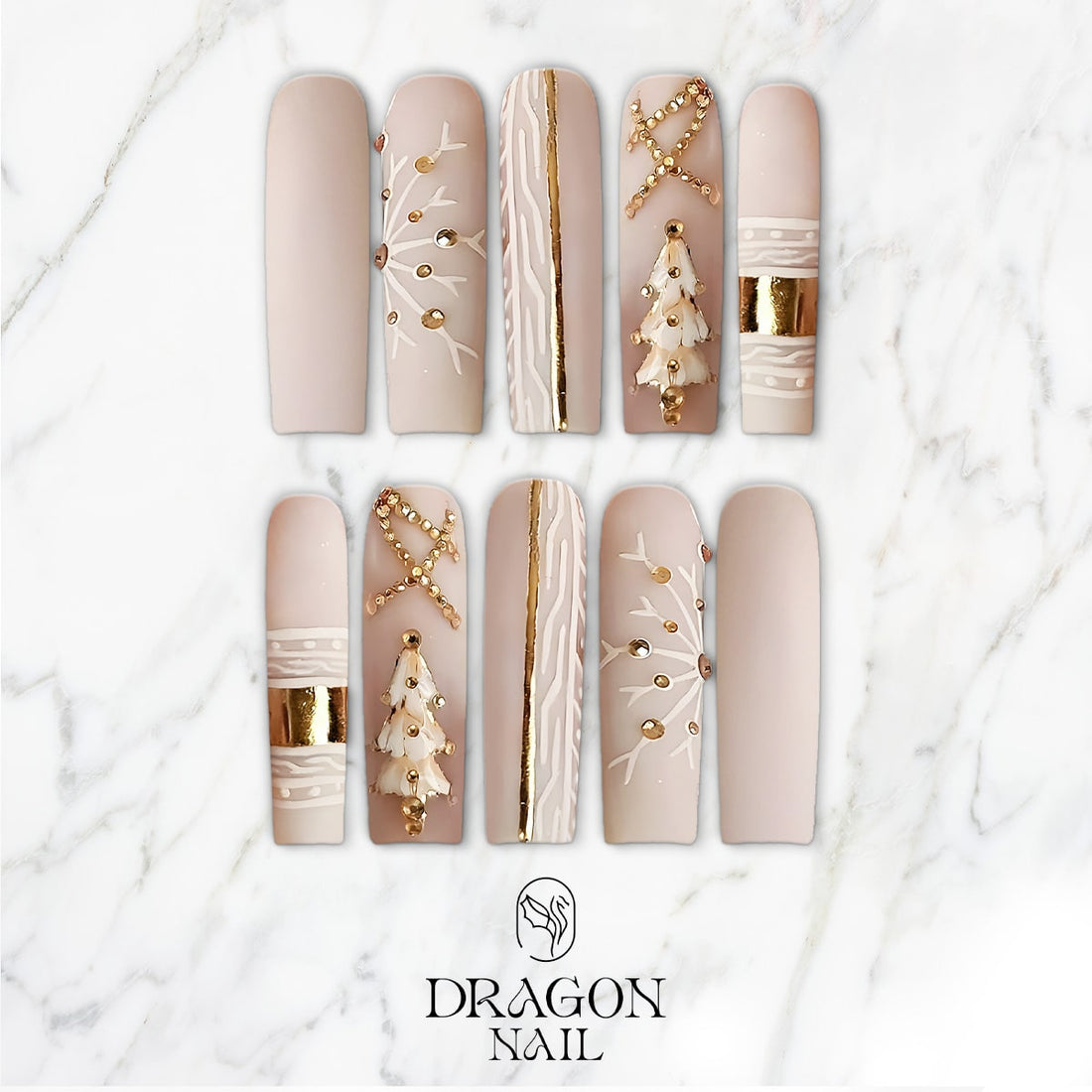 Nude Matte Christmas Press-On Nails – New Trending Gold Tree &amp; Snowflake Design