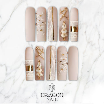 Nude Matte Christmas Press-On Nails – New Trending Gold Tree &amp; Snowflake Design