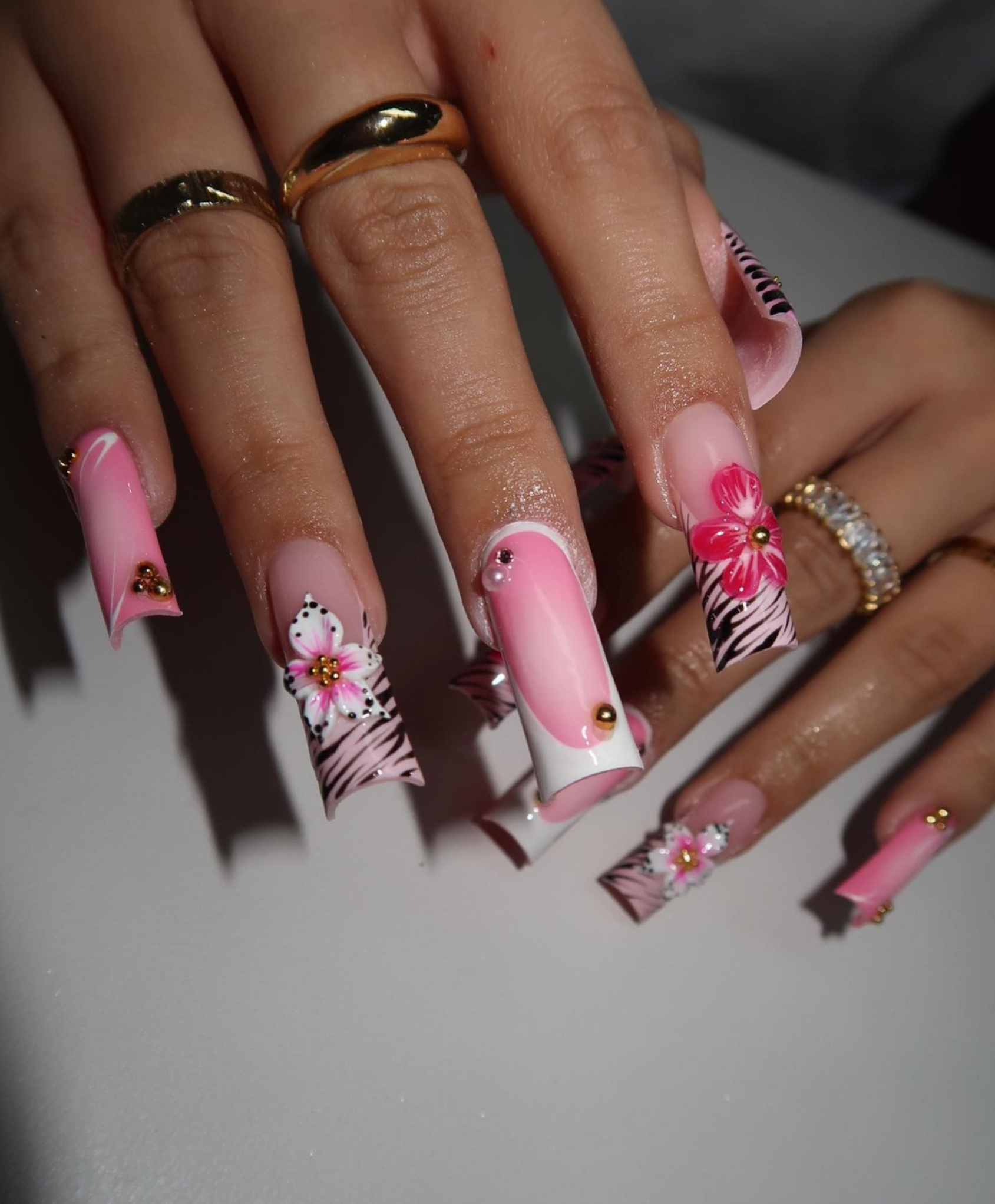 Handmade Pink Zebra Print 3D Flower Long Square Press On Nails | Luxury Y2K Baddie Nails | Hibiscus Floral Fake Nails for Birthday & Party