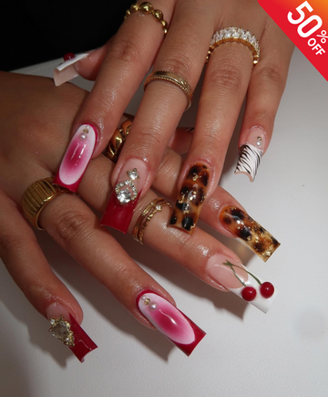 Handmade Mixed Pattern Red & Tortoiseshell Long Square Press On Nails | 3D Cherry & Zebra Art Nails | Luxury Crystal Baddie Fake Nails