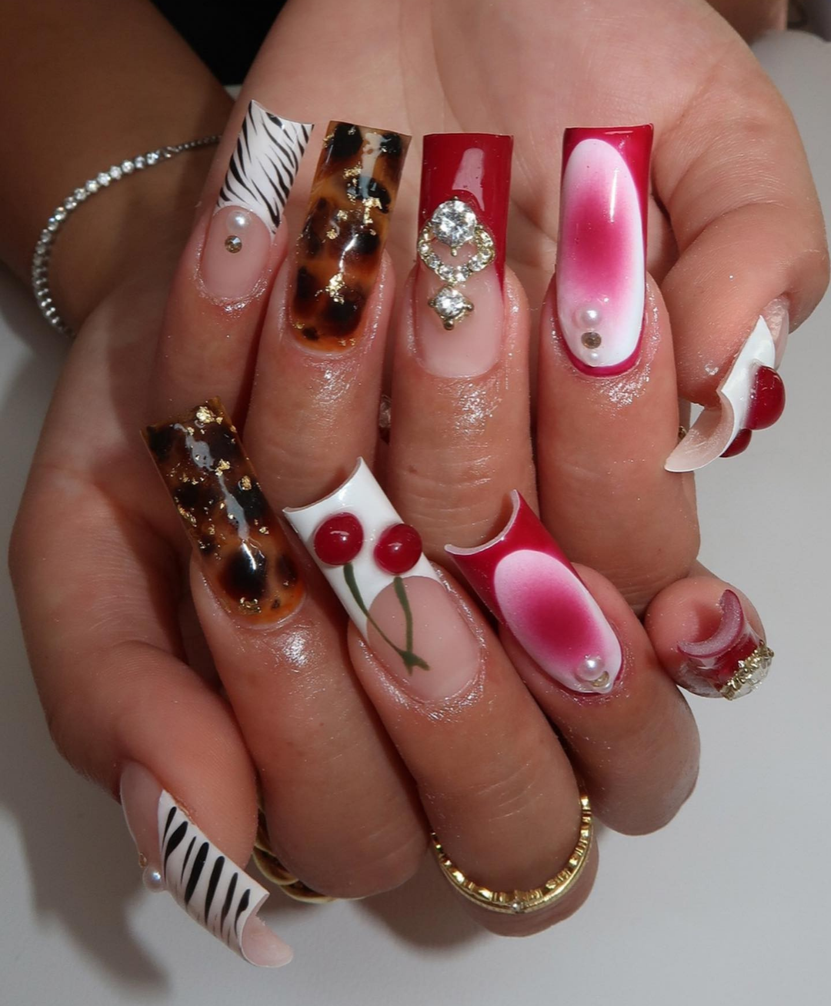 Handmade Mixed Pattern Red & Tortoiseshell Long Square Press On Nails | 3D Cherry & Zebra Art Nails | Luxury Crystal Baddie Fake Nails