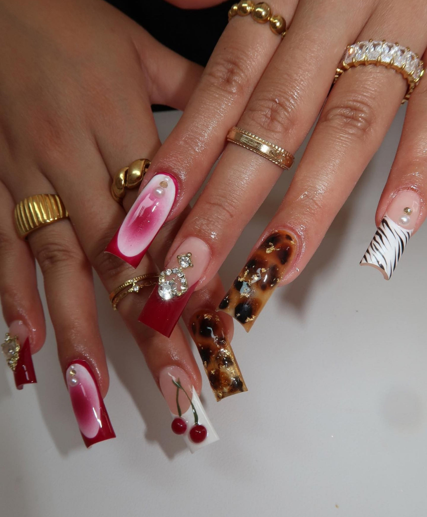 Handmade Mixed Pattern Red & Tortoiseshell Long Square Press On Nails | 3D Cherry & Zebra Art Nails | Luxury Crystal Baddie Fake Nails
