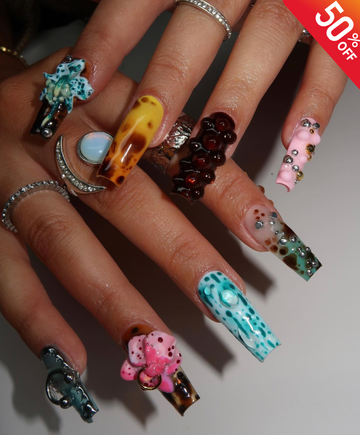 Handmade 3D Avant-Garde Mixed Media Long Square Press On Nails - Y2K Bio-Organic, Tortoiseshell, Silver Liquid Metal & 3D Floral Nail Art